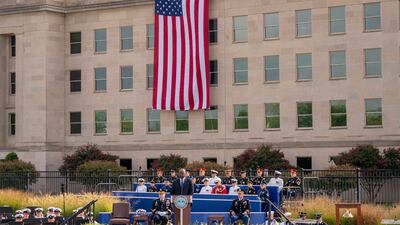 US Secretary of Defence Lloyd Austin delivers remarks during the Pentagon 9/11 Observance Ceremony at the Pentagon. EPA