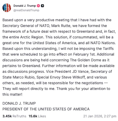 US President Donald Trump posted this message on Truth Social on January 21, 2026.