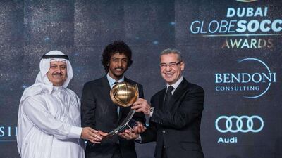 Saudi Arabia's Yasser Al Shahrani shown being awarded 'Best GCC Player of the Year' on Sunday at the Globe Soccer Awards in Dubai. AFP Photo