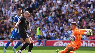 Manchester City's Erling Haaland puts his team 1-0 up in the 34th minute. AP