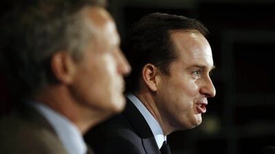 Philadelphia 76ers general manager Sam Hinkie, right, speaks at a news conference with head coach Brett Brown before an NBA game against the Detroit Pistons last Friday. Matt Slocum / AP / December 11, 2015