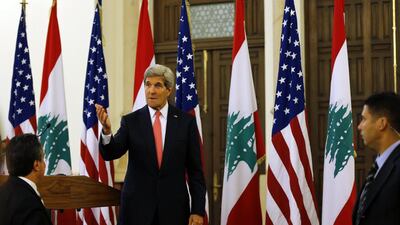 US secretary of state John Kerry gestures after delivering a news conference following a meeting with Lebanese prime minister Tammam Salam at the government palace in Beirut on Wednesday. Mohamed Azakir / Reuters