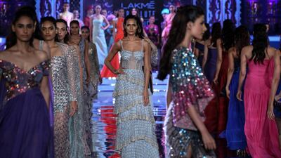 Models present creations by Indian fashion designer Monisha Jaising during the grand finale of Lakme Fashion Week in Mumbai in August 26. EPA