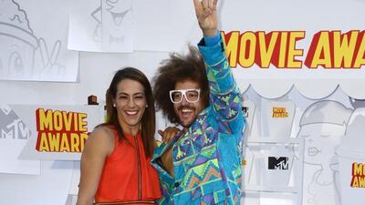 US recording artist Redfoo, right, and an unidentified friend arrive for the 2015 MTV Movie Awards at the Nokia Theatre. Mike Nelson / EPA