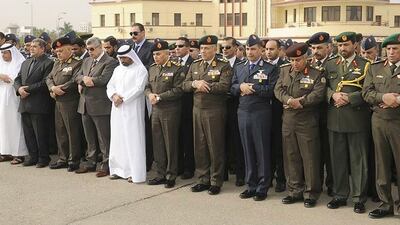 Mohammed bin Nakhira Al Dhaheri, the UAE Ambassador and Permanent Representative to the Arab League, along with Egyptian political and military officials, attends the funeral prayer for the four personnel who died in a military aircraft crash in Egypt. Wam