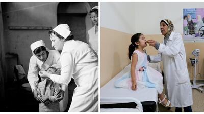A combination picture shows nurses treating a child at a UNRWA health centre for Palestinian refugees in Beirut, Lebanon, in this handout picture believed to be taken in 1952 and a Palestinian refugee girl receives a vaccination at a UNRWA clinic at Burj al-Barajneh refugee camp in Beirut, Lebanon, June 23, 2019. REUTERS