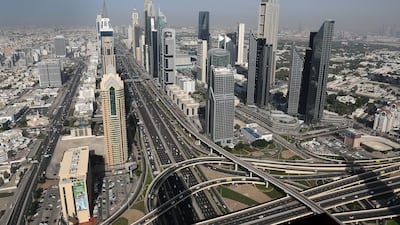 View of DIFC and Sheikh Zayed Road from the under construction Wasl Tower. Pawan Singh / The National