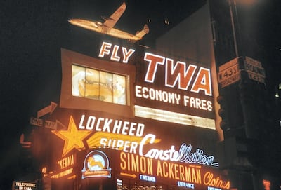 A TWA billboard in New York's Times Square in 1959. Courtesy Ken Peacock / TWA hotel