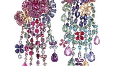 Earrings in 18K white gold and titanium set with blue, pink and yellow sapphires, tsavorites, rubellites, green beryls, aquamarines, Paraiba tourmalines, rubies, amethysts, topaz, lazulites and diamonds. Courtesy Chopard