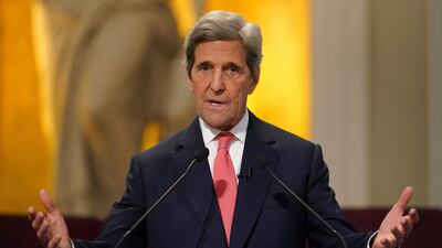 John Kerry, the US special envoy for climate, speaks during the Net Zero Delivery Summit at Mansion House, London. PA via AP