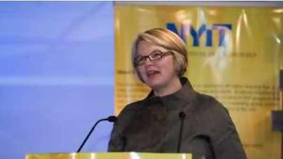 Margaret Spellings, the US secretary of education, speaks at the Men's college in Abu Dhabi.