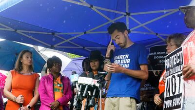 David Hogg, Parkland school shooting survivor and co-founder of March for Our Lives, pauses as he speaks at a rally in Florida this June 2022. AP