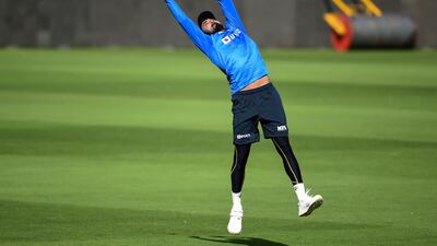 KL Rahul attempts to take a catch during training. AFP