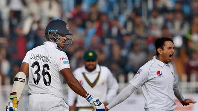 Mohammad Abbas after taking the wicket of Sri Lanka's Dinesh Chandimal in Rawalpindi. AP