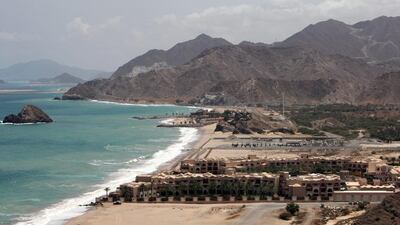 A view of the sea and mountains from Le Meridien Al Aqah Beach Resort on the Fujairah coast, major attractions for visitors to the emirate. Randi Sokoloff / The National