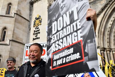 Chinese artist Ai Weiwei at a demonstration outside the Royal Courts of Justice in London during an appeal hearing by the US government against the UK's refusal to extradite Julian Assange. AFP