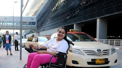 Shobhika Kalra poses next to the ramp at Rashidiya station in Dubai that was built by RTA on her suggestions. The disabled can access the metro stations and the sidewalks easily. Satish Kumar / The National