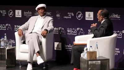 Samuel L Jackson with moderator Nashen Moodley at the 13th annual Dubai International Film Festival in 2016. Getty Images