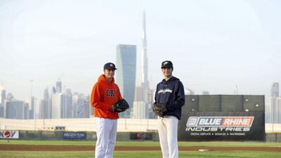 Dubai Little League pitchers Ollie Duthie (blue) and Mattia Sparacino have received offers to play in the USA and Canada. Chris Whiteoak / The National