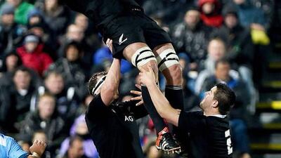 New Zealand will be without injured lock Samuel Whitelock, centre, when they face South Africa on Saturday. MARTY MELVILLE / AFP
