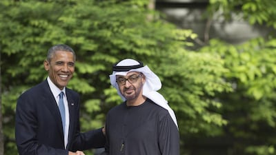 Sheikh Mohamed bin Zayed, Crown Prince of Abu Dhabi, stands for a photo with US president Barack Obama after attending the US-GCC summit at Camp David. Rashed Al Mansoori/Crown Prince Court - Abu Dhabi