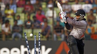 UAE captain Khurram Khan was bowled out by Bangladesh's Farhad Reza for 44 from 35 balls on Wednesday. AM Ahad / AP / March 12, 2014