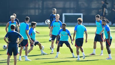 Barcelona's Frenkie de Jong and teammates train. AFP