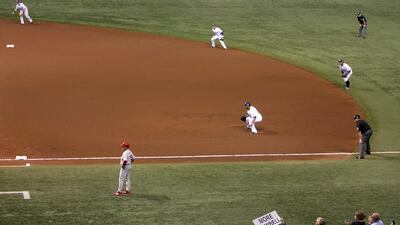 The Tampa Bay Rays play an infield shift on defence against Philadelphia Phillies in an October 23, 2008 game. Doug Pensinger / Getty Images