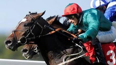 Fulbright, front, shown here with jockey Silvestre De Sousa aboard, will race tonight in the Group 2 Maktoum Challenge at the Meydan Racecourse.