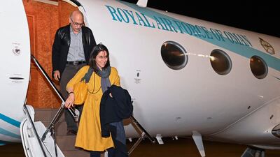 Nazanin Zaghari-Ratcliffe, front, and Anoosheh Ashoori, who were freed from Iran, arrive in Muscat, Oman, on March 16, 2022. Oman News Agency