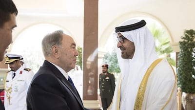 Sheikh Mohammed bin Zayed, Crown Prince of Abu Dhabi and Deputy Supreme Commander of the Armed Forces, on Sunday received Nursultan Nazarbayev, the president of Kazakhstan, at Al Mushrif Palace in the capital. Ryan Carter / Crown Prince’s Court – Abu Dhabi