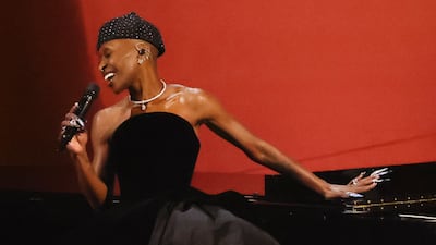 Cynthia Erivo, in a dress by Saudi label Ashi Studio, performs at the Grammy Awards. Reuters