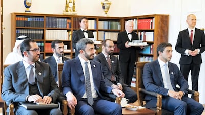 From left: Dr Sultan Ahmed Al Jaber, UAE Minister of State, Chairman of Masdar and CEO of ADNOC Group; Sheikh Abdullah bin Zayed, UAE Minister of Foreign Affairs and International Cooperation; and Sheikh Mansour bin Zayed, UAE Deputy Prime Minister and Minister of Presidential Affairs, attend a meeting with Mr. Steinmeier. Ministry of Presidential Affairs