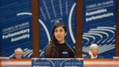 Former ISIS prisoner Nadia Murad delivers her speech after winning the Vaclav Havel Human Rights Prize in the Council of Europe in Strasbourg, France, 10 October 2016 (EPA/PATRICK SEEGER