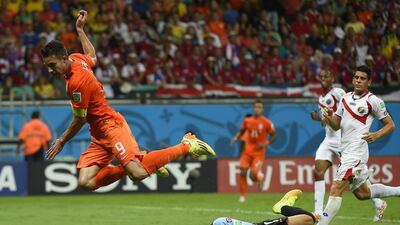 Netherlands' captain Robin van Persie fails to score past Costa Rica goalkeeper Keylor Navas during their match on Saturday at the 2014 World Cup in Salvador, Brazil. Odd Andersen / AFP