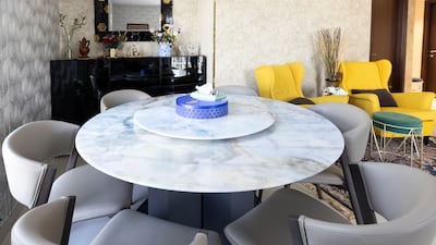 The living room and dining area