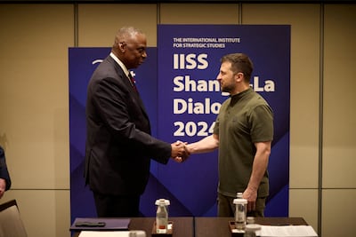 Ukrainian President Volodymyr Zelenskyy and US Secretary of Defence Lloyd Austin at the Shangri-La Dialogue, Singapore. Reuters