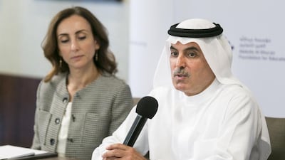 Abdul Aziz Al Ghurair, chairman of the board of trustees of the Abdulla Al Ghurair Foundation for Education, announces the launch of the Open Learning Scholars Programme. Reem Mohammed / The National