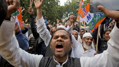 Supporters of Aam Aadmi Party at a rally in New Delhi in February. Manish Swarup / AP