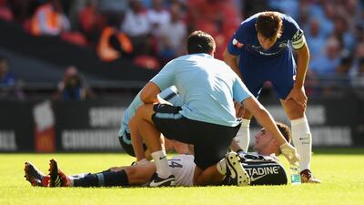 LONDON, ENGLAND - AUGUST 05: Aymeric Laporte of Manchester City lies injured during the FA Community Shield between Manchester City and Chelsea at Wembley Stadium on August 5, 2018 in London, England. (Photo by Michael Regan/Getty Images)