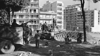 Soldiers from the Syrian contingent of the Arab deterrent force in Lebanon – known as the Green Helmets – take position in Beirut, on November 15, 1976.