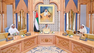 Sheikh Mansour leads the first meeting of the 50-year planning committee. Courtesy: Wam