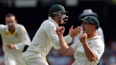 Australia's David Warner, right, celebrates the dismissal of England's Matt Prior during Day 4 of the first Ashes Test in Brisbane on Sunday. The old rivals dominated the spotlight in a way India and Pakistan used to during the 1980s. Saeed Khan / AFP