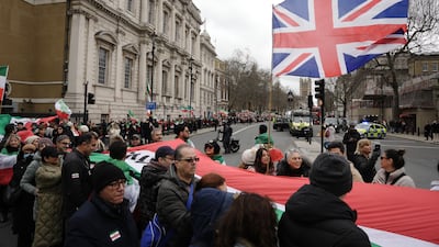Protesters march from Whitehall to the Iranian embassy in London, calling for a regime change in Iran, on February 21. PA