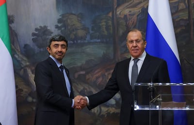 Russia's Foreign Minister Sergei Lavrov shakes hands with UAE Minister of Foreign Affairs and International Co-Operation Sheikh Abdullah bin Zayed during a news conference following their talks in Moscow. Reuters