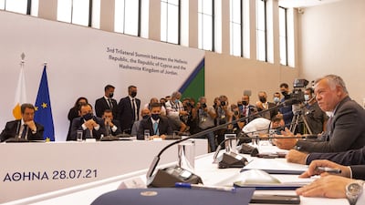 A view of the proceedings of the 3rd Trilateral Summit between Greece, Cyprus, and Jordan, in Athens with the delegations of Jordan’s King Abdullah II (foreground) and Cypriot President Nicos Anastasiades (background).