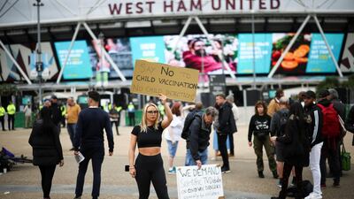Anti-vaccine protestors gather outside a mass vaccination centre at the London Stadium. Reuters