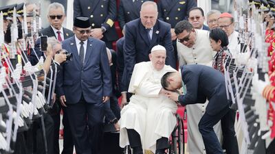 Pope Francis is welcomed at Soekarno-Hatta International Airport in Tangerang, Banten, on the outskirts of Jakarta, Indonesia. EPA