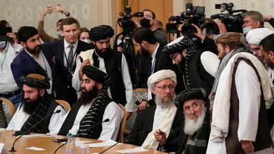 Members of the Taliban delegation, icluding deputy prime minister Abdul Salam Hanafi (C), attend an international conference on Afghanistan in Moscow on October 20, 2021. AFP