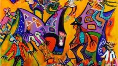 Detail from Bugatti Parade , an acrylic work by the self-taught South African painter Elwin Buchel, part of Fanaan's exhibit at Ghaf Gallery.